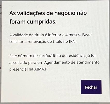 Mensagens de erro do formulário AIMA